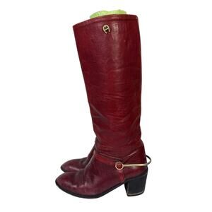 Vintage Etienne Aigner Burgundy Leather Oxblood Riding Boots Size 8 Chunky Heel